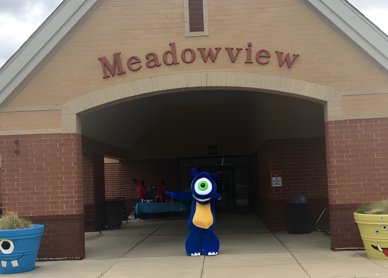 Meadowview Elementary entrance with mascot